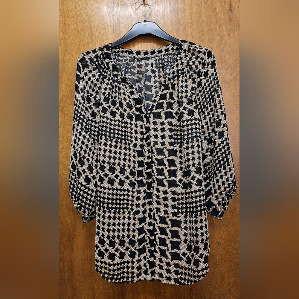 Stylish Black and Tan Semi Sheer Button Up Blouse- Tag Cut Out